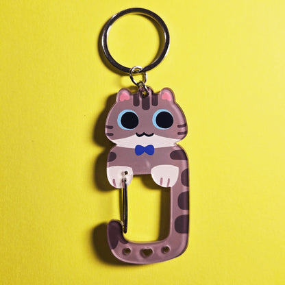Grey Tabby Cat Carabiner Keychain